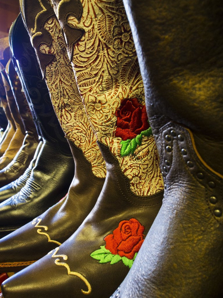 Detail of Line up of new cowboy boots in Old Scottsdale by Anonymous