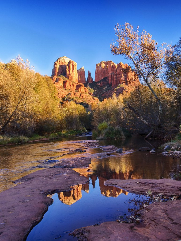Detail of Red Rock Mountains near Red Rock Crossing with reflections in river by Anonymous