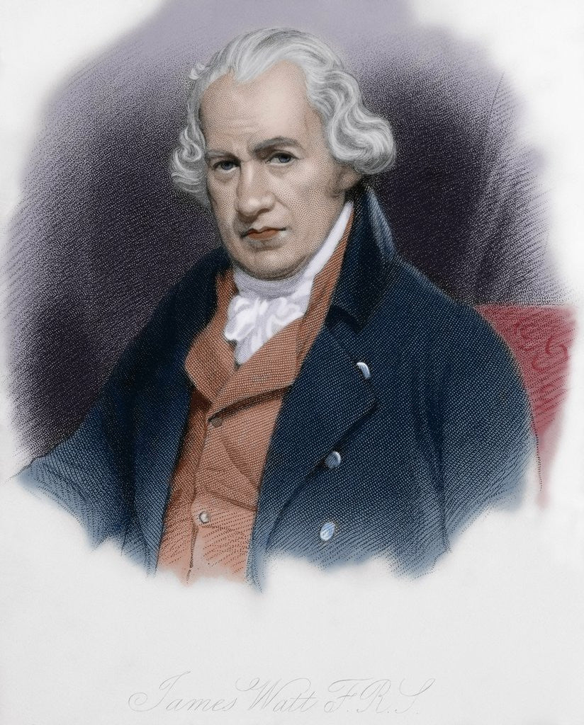 Detail of James Watt (1736-1819). Scottish inventor. Colored engraving. by Anonymous
