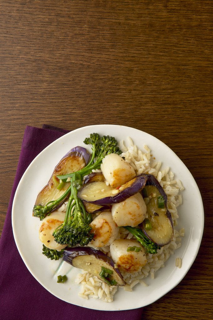 Detail of Eggplant, scallop and broccolini stir-fry by Anonymous