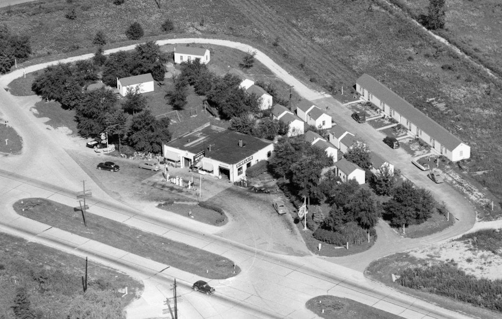 Detail of Aerial view of roadside motel and gas station in Indiana, ca. 1950. by Anonymous