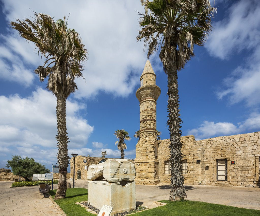 Detail of Caesarea Harbor National Park, Crusader City, a roman sarcophagus adorned with rosettes and the minaret of Bosnian Mosque by Anonymous