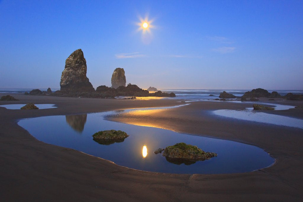 Detail of Moon set over Neadles, Canon Beach, Oregon Coast, Pacific Northwest by Anonymous