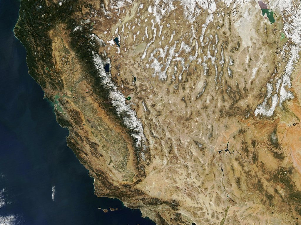 Detail of Satellite view of California and Nevada showing early season snow in the Sierra Nevada Mountains by Anonymous