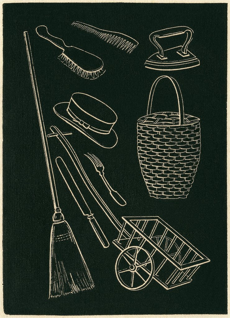 Detail of Assorted Domestic Goods, Basket, Broom, Brushes by Corbis