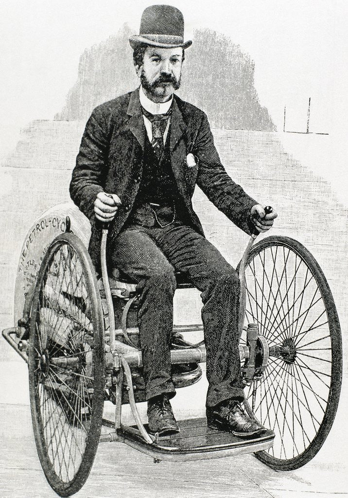 Detail of The petrol-cycle. USA. XIX century engraving by Anonymous