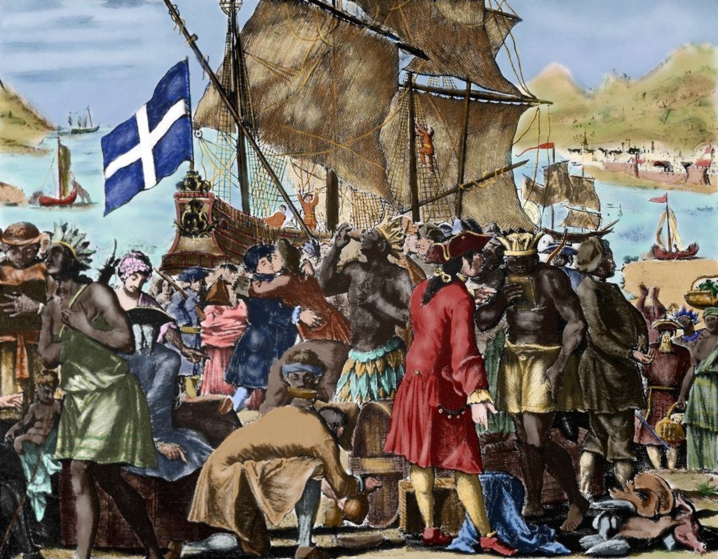 Detail of French allegory about the founding of the East India Company (1717). Merchants and missionaries with by Anonymous