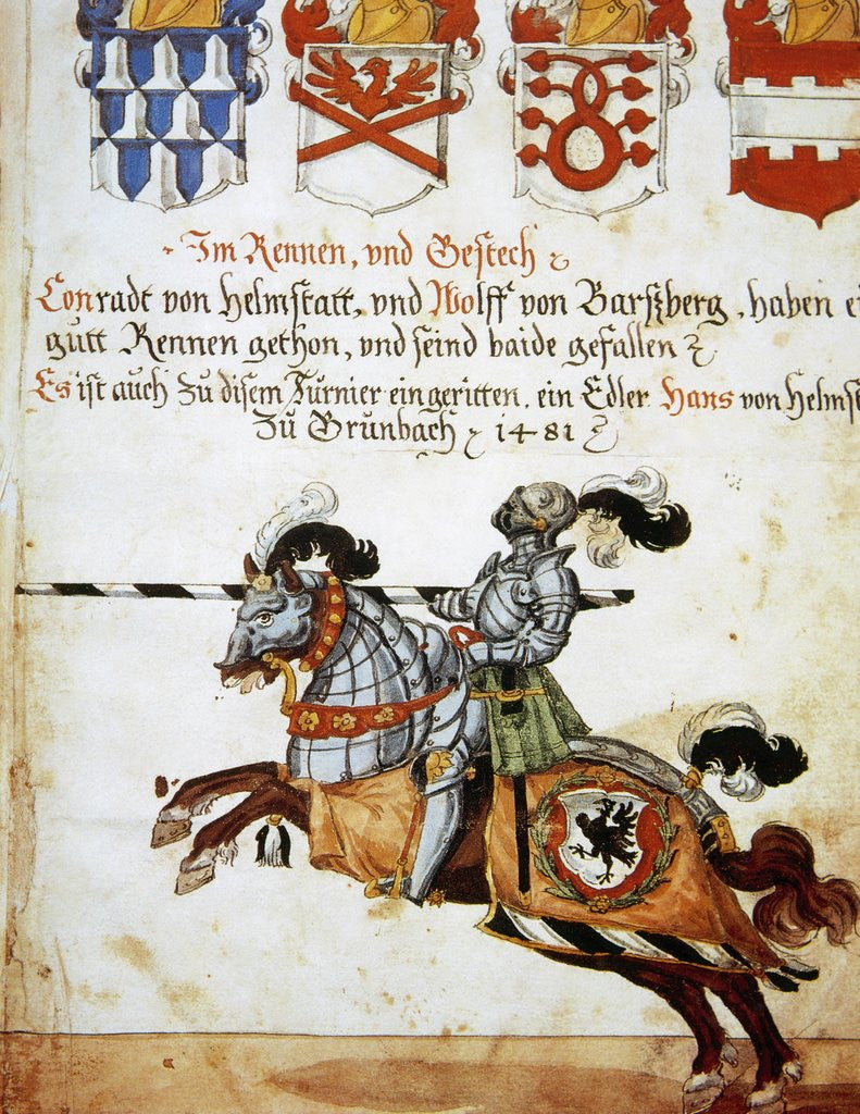 Detail of Book of the Tournament. Knight on horseback and armed with spears. Italy. by Anonymous
