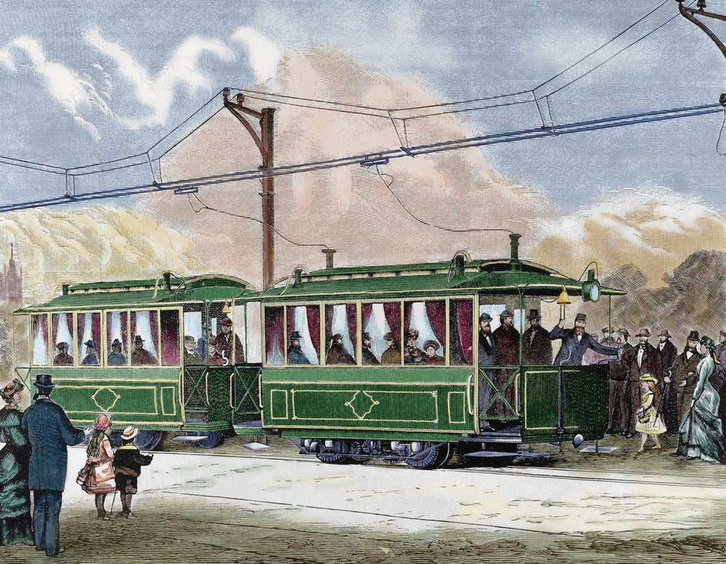 Detail of Electric streetcar. Nineteenth-century colored engraving. by Corbis