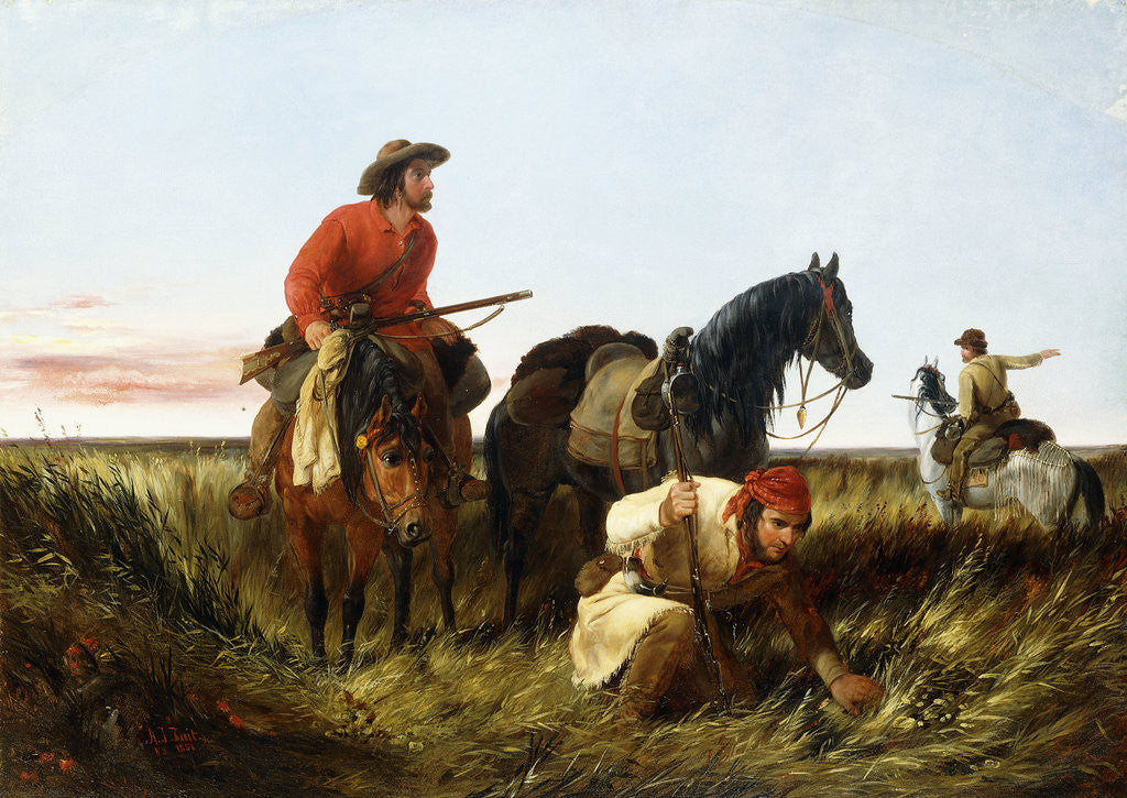 Detail of Trappers Following the Trail: At Fault by Arthur Fitzwilliam Tait