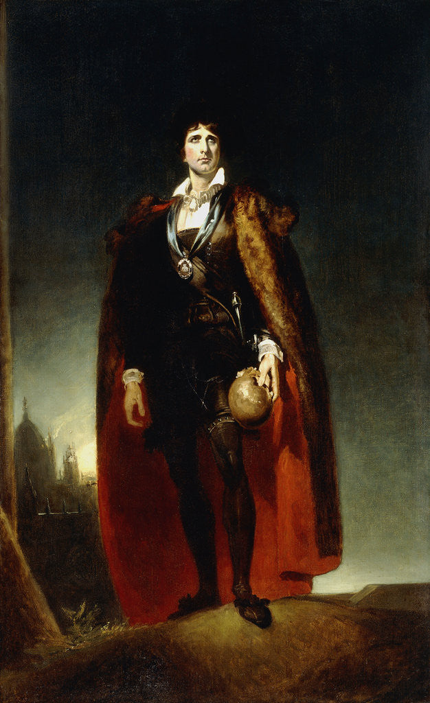 Detail of Portrait of John Kemble as Hamlet, standing full-length in a Landscape, wearing a cape and holding a skull by Sir Thomas Lawrence