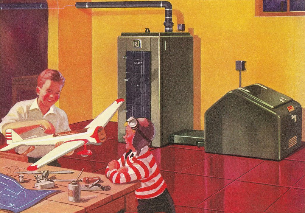 Detail of Boys in Basement with Model Airplane by Anonymous