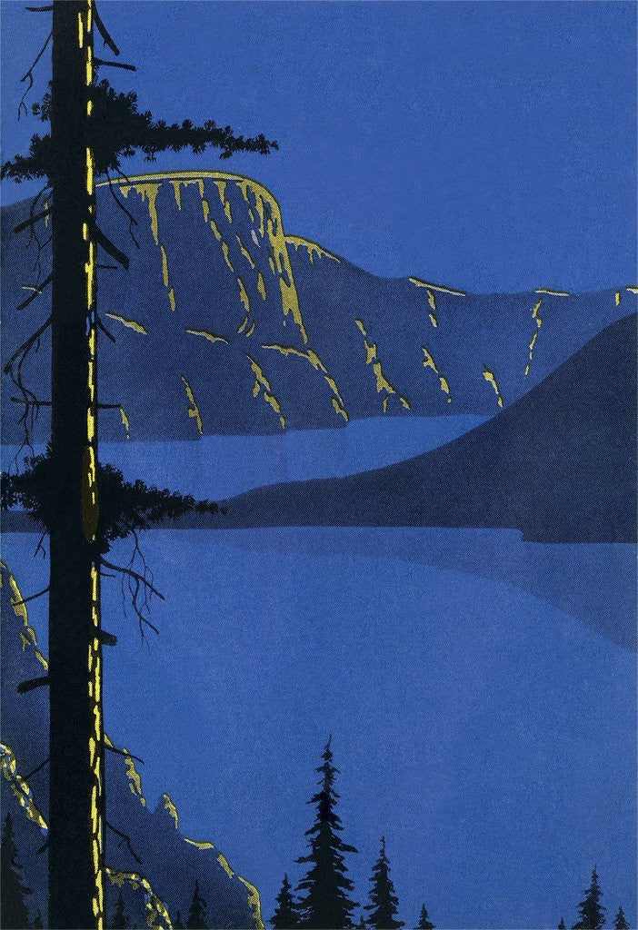 Detail of Pine Trees, Mountains, and Lakes in Blue by Anonymous