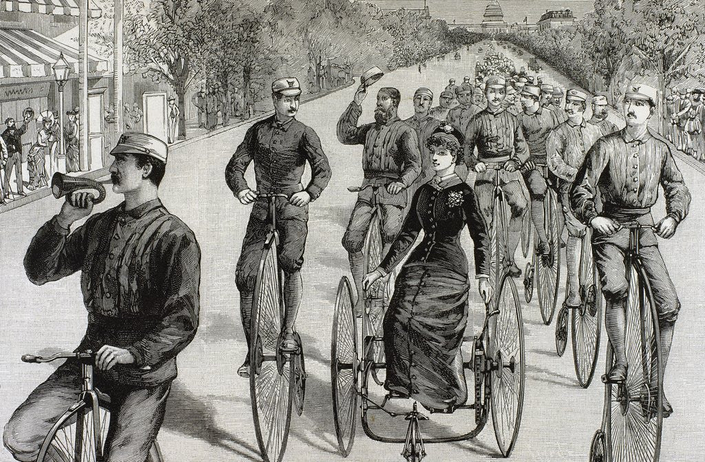 Detail of American League cycles in Pennsylvania Avenue. Mid May 1884. Washington. United States. Engraving. by Anonymous