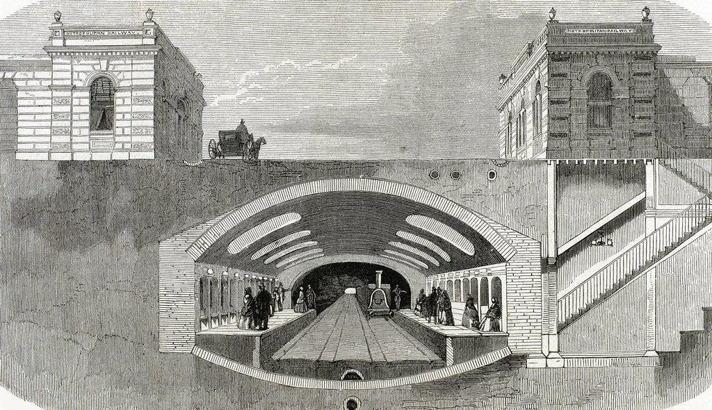 Detail of Section of a London Underground station. England. Engraving from 