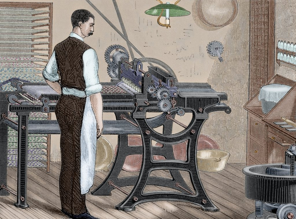Detail of History of medicine. Machinery. Cartoning pills. Engraving. 19th century. Colored. by Corbis