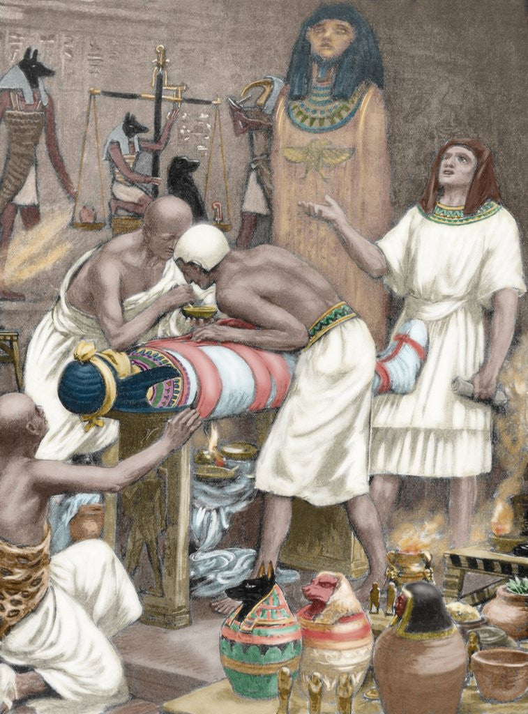 Detail of Mummification. Anciet Egypt. Engraving. 19th century. Colored. by Anonymous