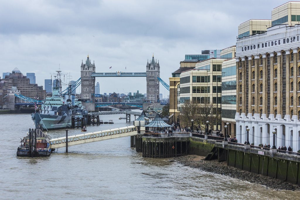 Detail of The Thames river, the HMS Belfast, a Royal Navy light cruiser, and the Tower Bridge by Anonymous