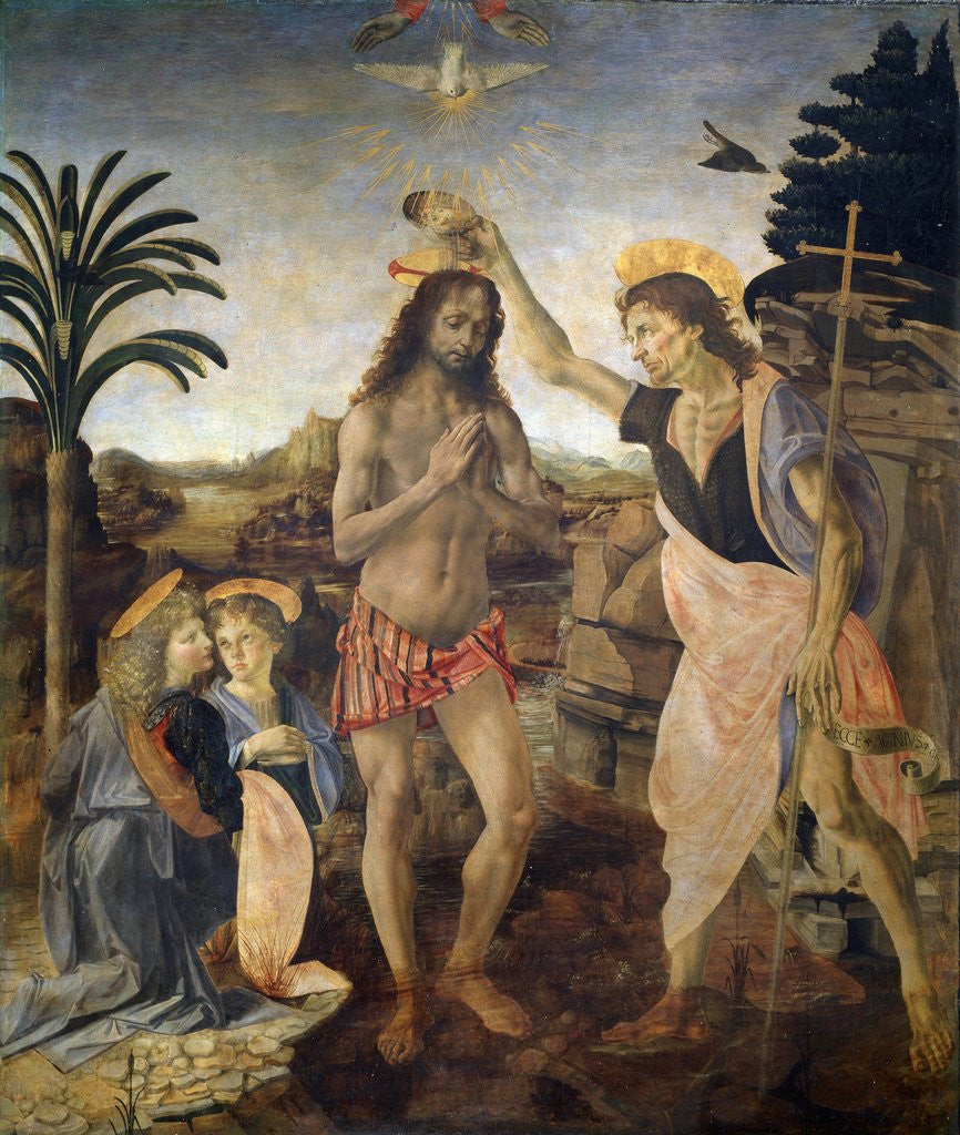 Detail of Baptism of Christ by Leonardo da Vinci and Andrea del Verrocchio by Anonymous