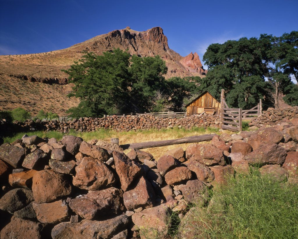 Detail of Stone corral fence and barn by Anonymous