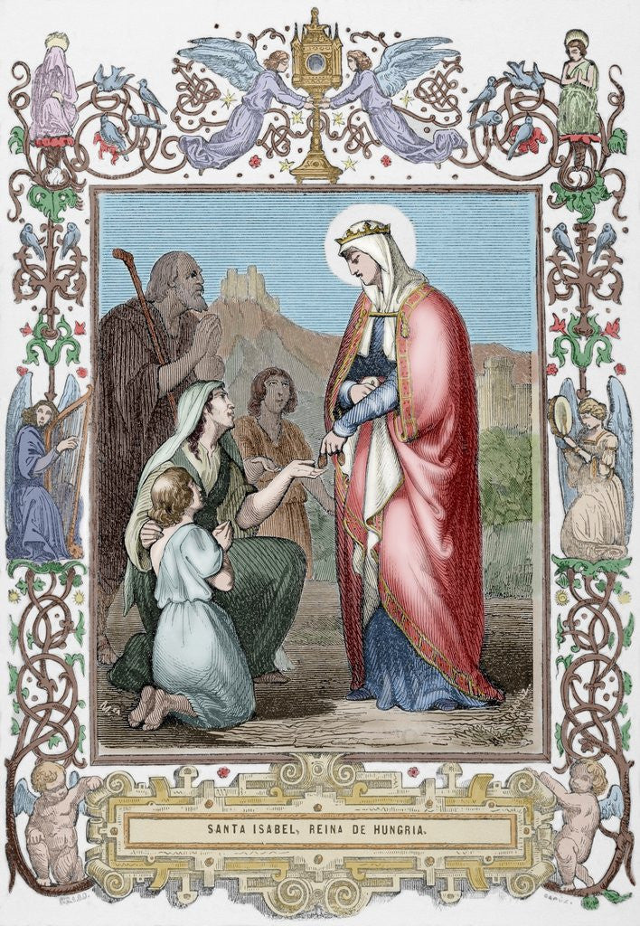 Detail of Saint Elizabeth of Hungary (1207-1231). Engraving. Colored. by Anonymous
