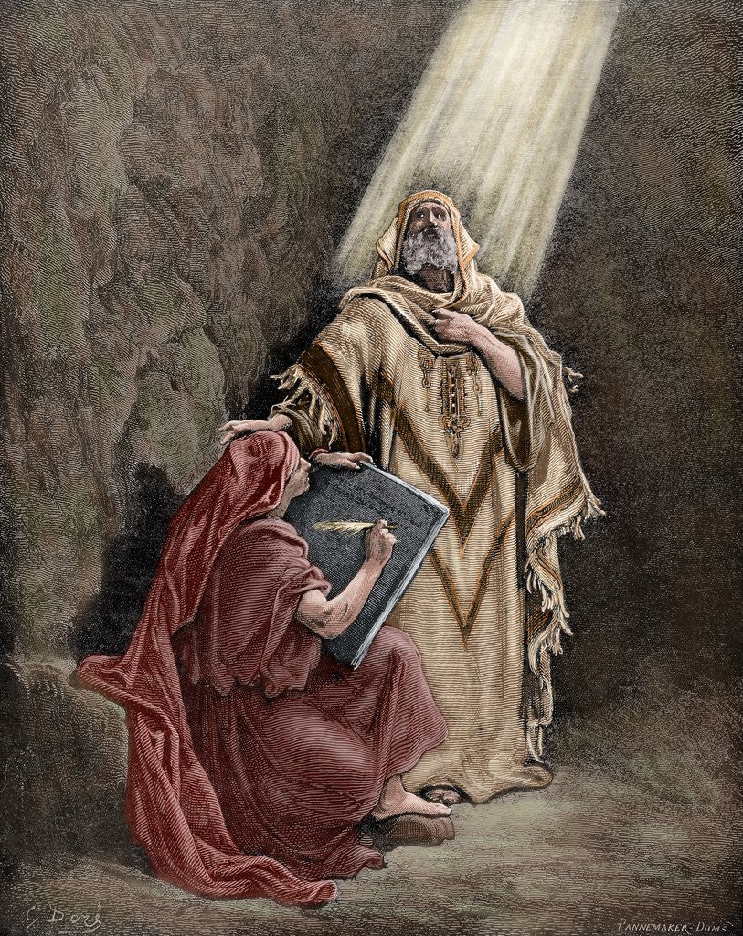 Detail of Jeremiah (650-585 BC) dictating his prophecies to Baruch. Engraving. Colored. by Anonymous