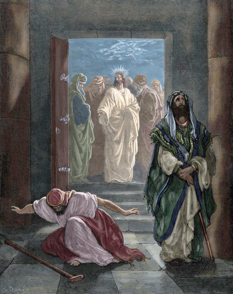 Detail of Parable of the Pharisee and the Publican. Engraving. Colored. by Anonymous