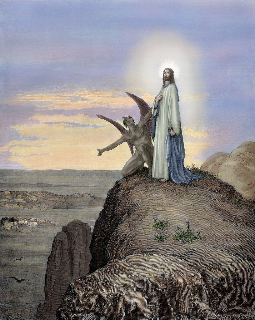 Detail of Jesus tempted by the Devil. Engraving. Colored. by Anonymous