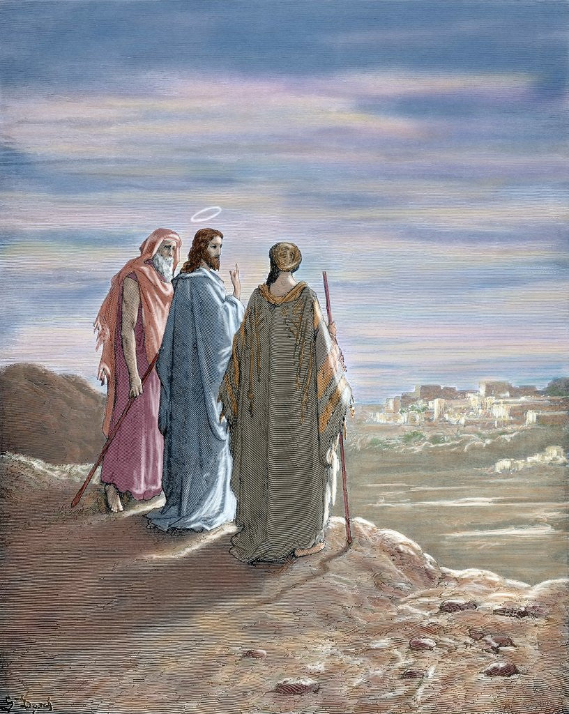 Detail of Jesus and the disciples of Emmaus. Engraving. 19th century. Colored. by Anonymous