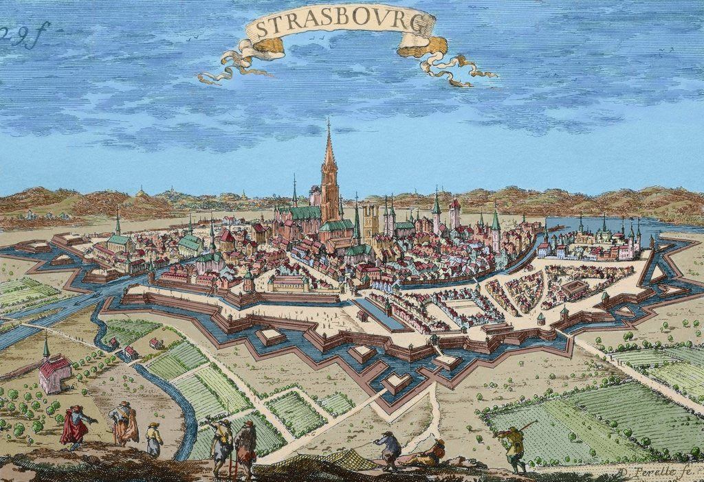 Detail of France. Strasbourg. Engraving. 17th century. Colored. by Anonymous