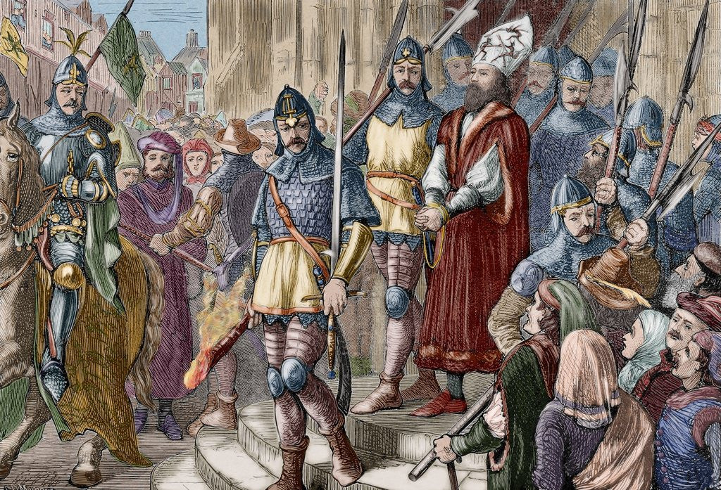 Detail of Jerome of Prague (1360-1416) marching to execution. Engraving. Colored. by Anonymous