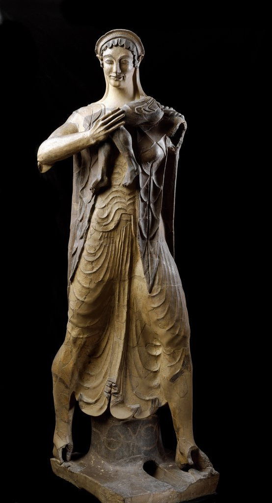 Detail of Etruscan sculpture of the goddess Leto holding her son Apollo by Corbis