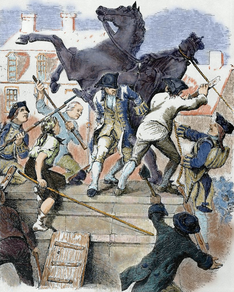 Detail of American revolutionaries toppling statue of King George III by Anonymous