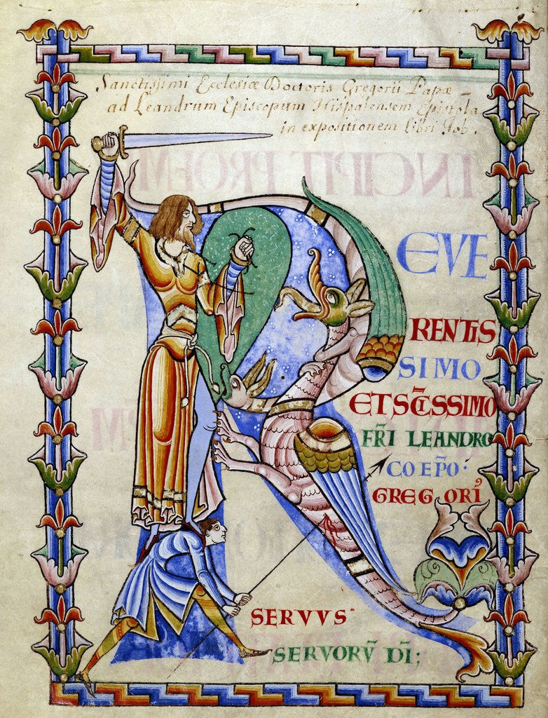 Detail of Manuscript illumination of knight fighting dragon and illuminated 