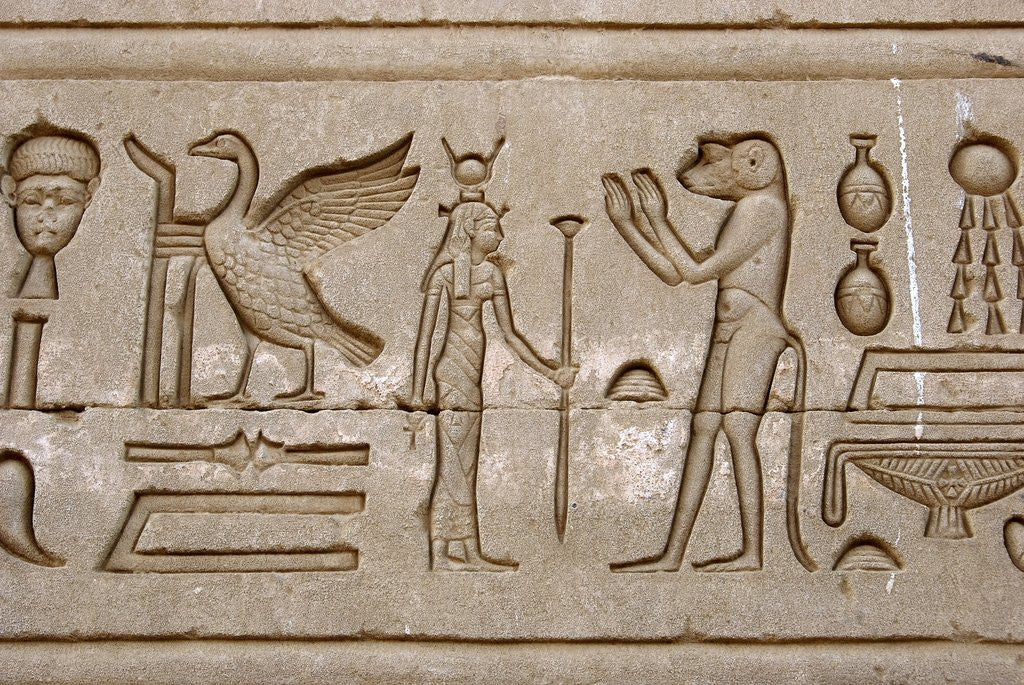 Detail of Ancient Egyptian hieroglyphs carved on the wall of Hathor Temple by Corbis