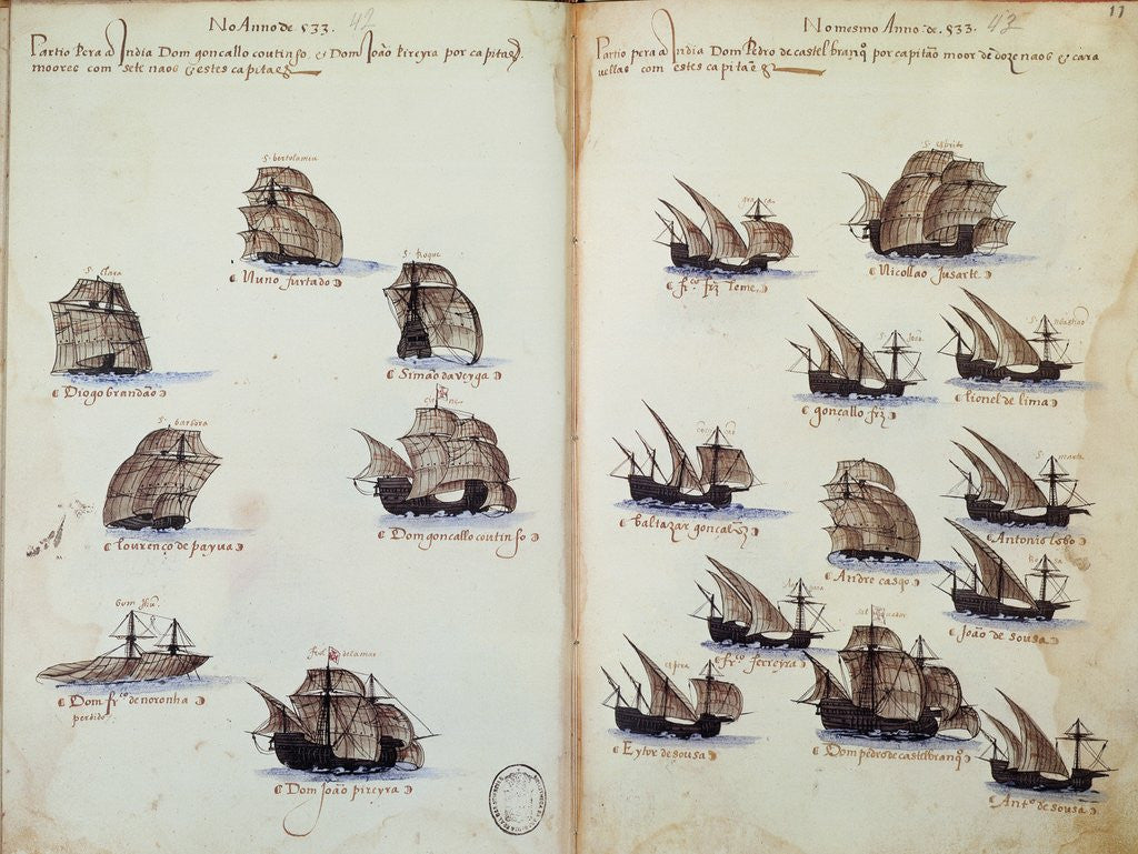 Detail of 16th century manuscript depicting Portuguese fleet by Anonymous