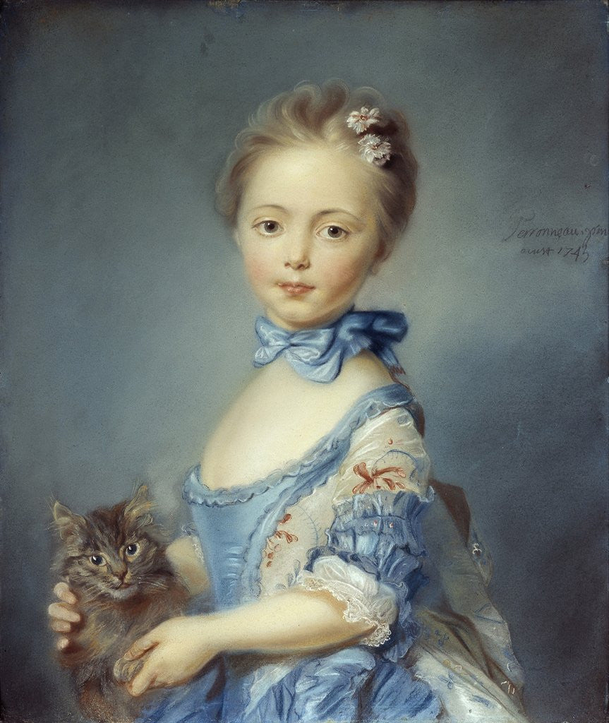 Detail of A Girl with a Kitten attributed to Jean-Baptiste Perronneau by Anonymous
