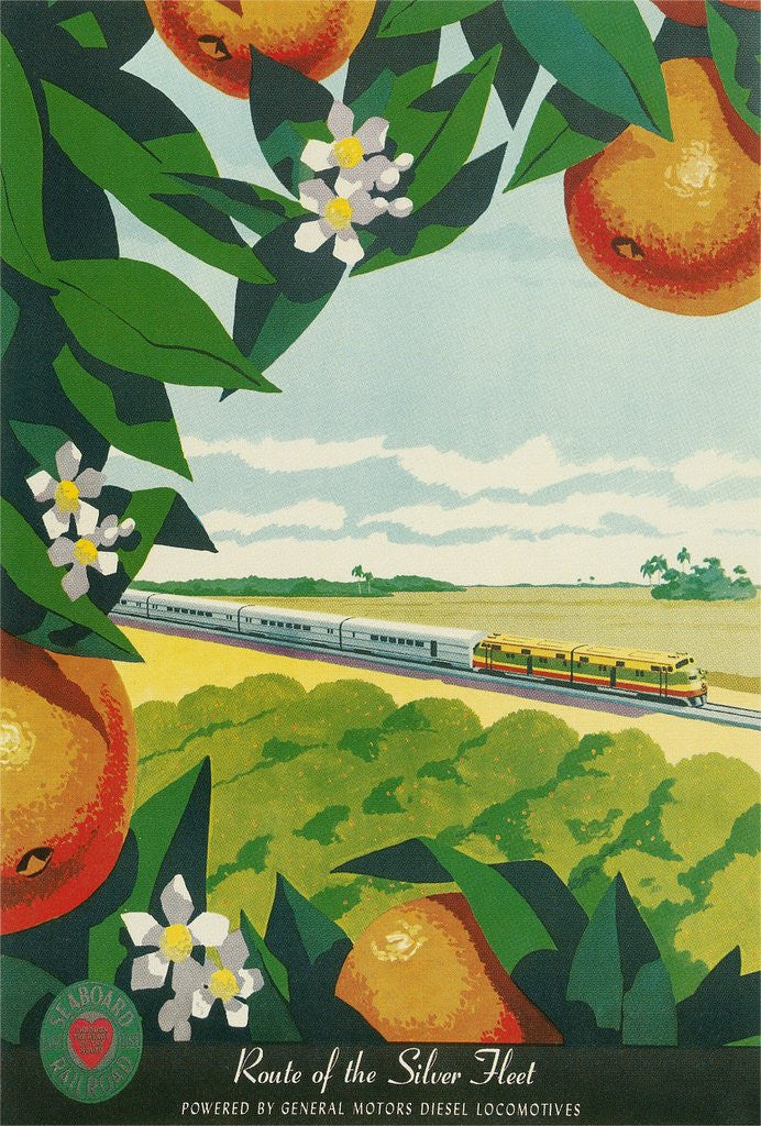 Detail of Travel Poster, Train Through Orange Orchard by Corbis