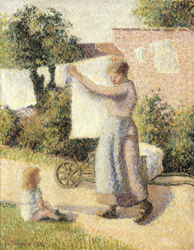 Detail of Woman extending linen by Camille Pissarro