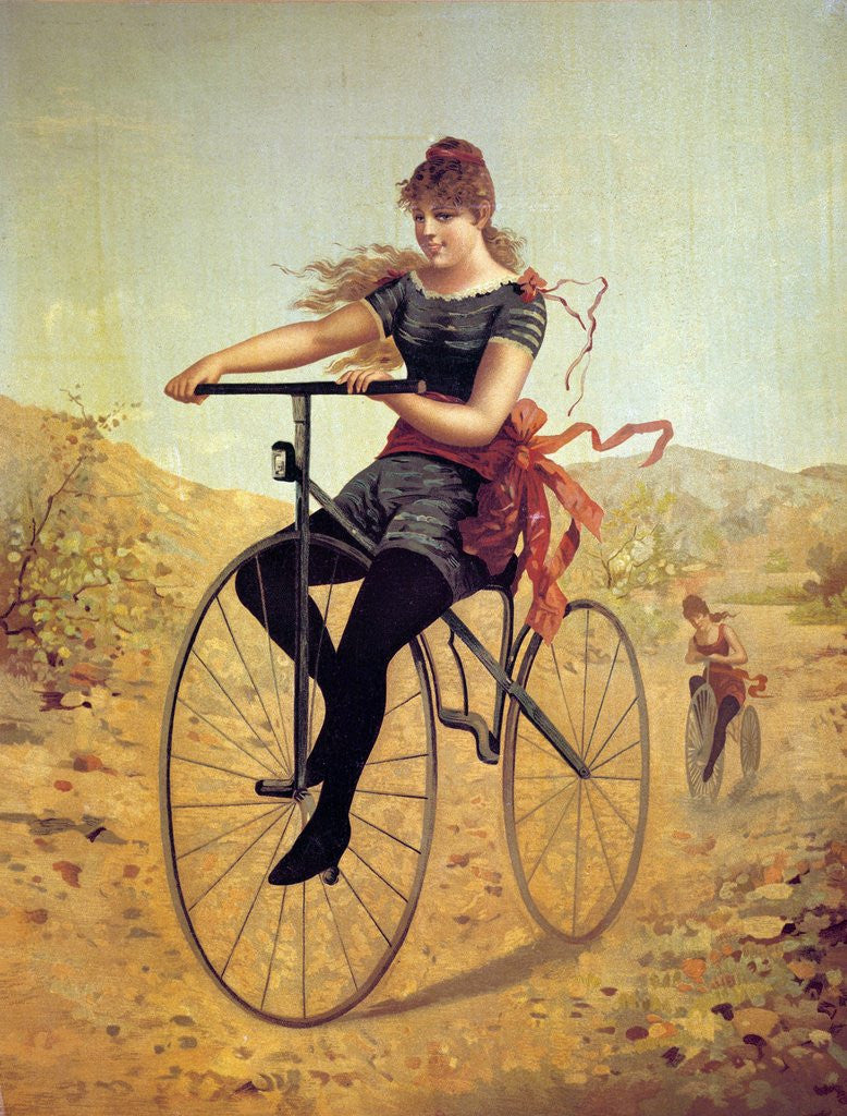 Detail of History of the bicycle : woman pedaling her bicycle by Anonymous