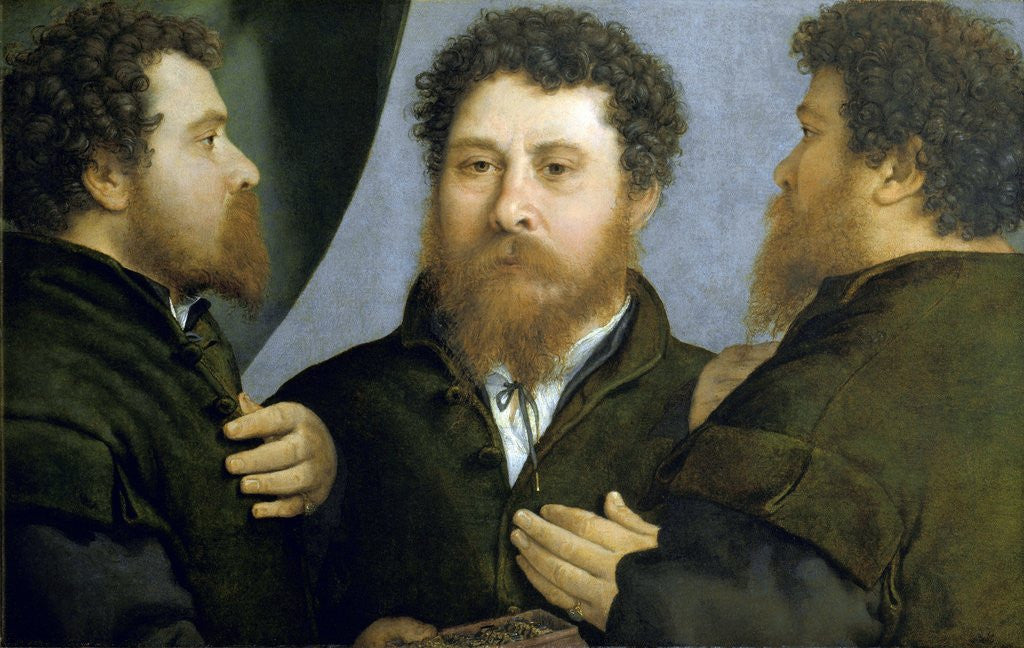 Detail of Portrait of a goldsmith in three views by Lorenzo Lotto