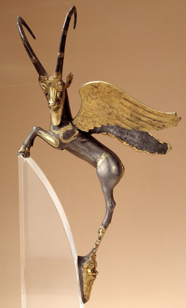 Detail of Achaemenid ceremonial handle with winged silver and gold ibex by Anonymous