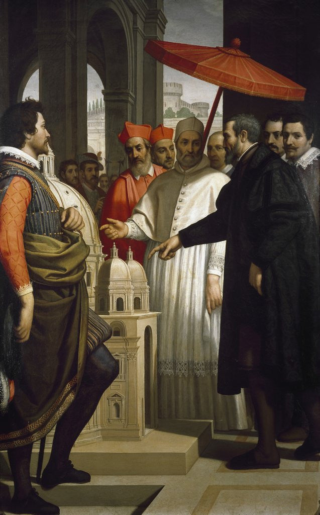 Detail of Michelangelo presenting the model for the completion of St Peter's to Pope Pius IV by Domenico Cresti