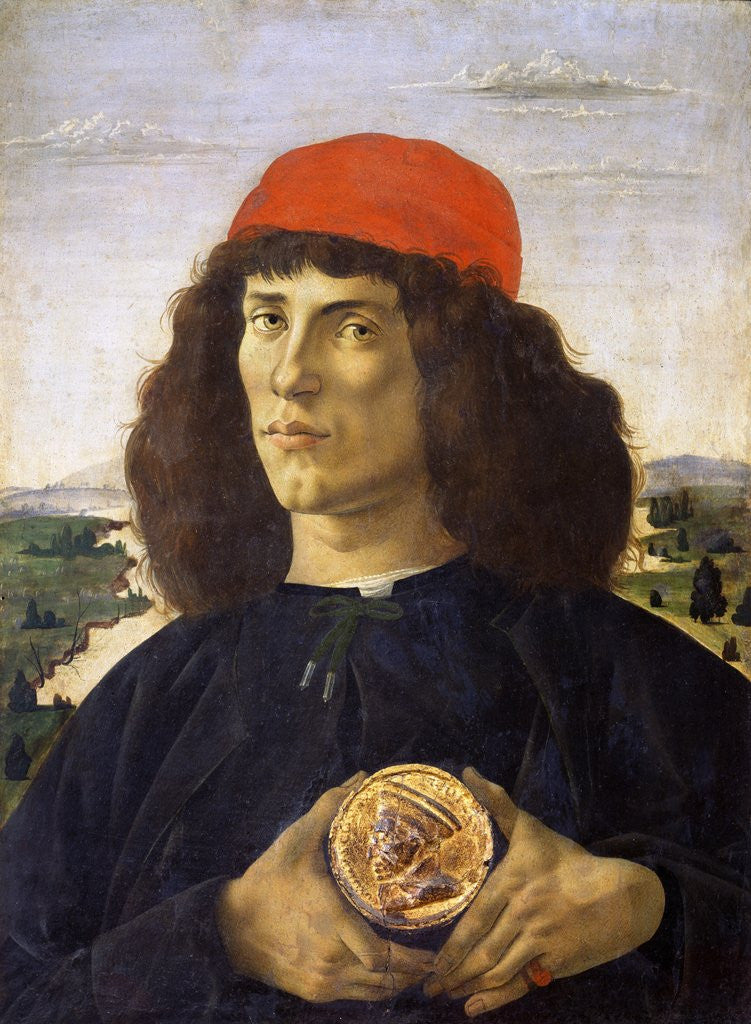 Detail of Portrait of a young man holding a medallion of Cosimo I de' Medici by Sandro Botticelli