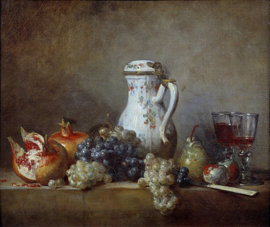 Detail of Grapes and pomegranates by Jean Baptiste Simeon Chardin