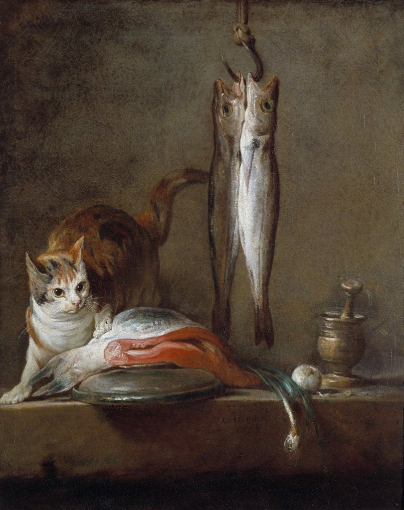 Detail of Cat with a slice of salmon, two mackerels, mortar and pestle by Jean Baptiste Simeon Chardin