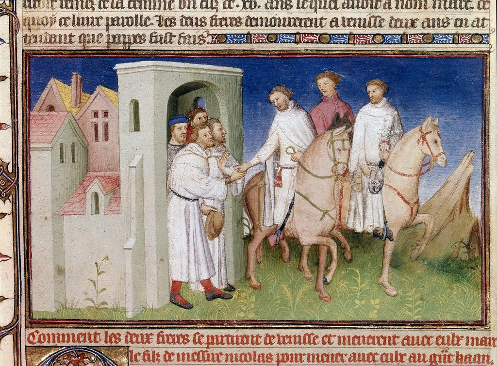 Detail of Niccolo, Matteo and Marco Polo say goodbye to their familiy at the city gate of Venice by Anonymous