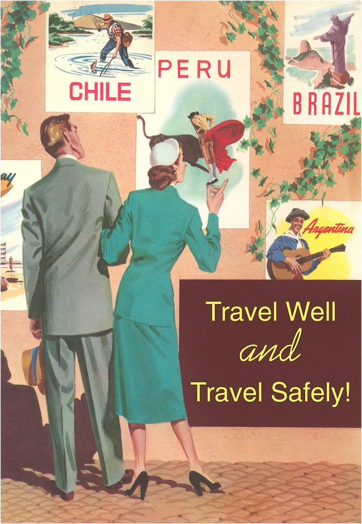 Detail of Couple Eying Posters, Travel Well and Safely by Corbis