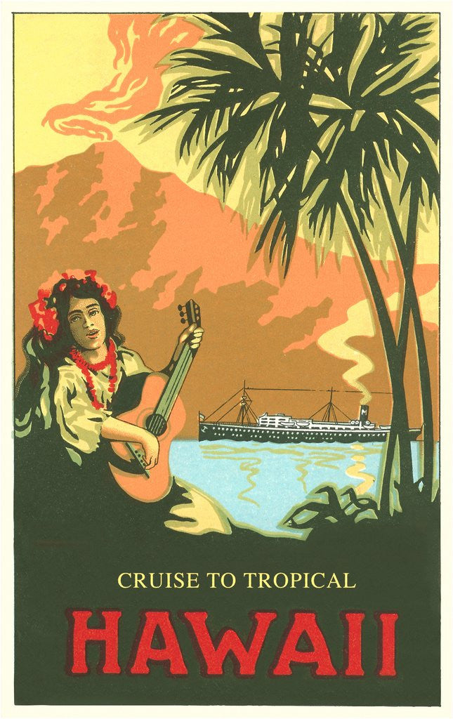 Detail of Cruise to Tropical Hawaii, Woman Playing Guitar by Corbis
