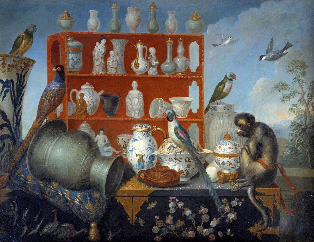 Detail of Still life with porcelain dishes, monkeys and birds by Anonymous